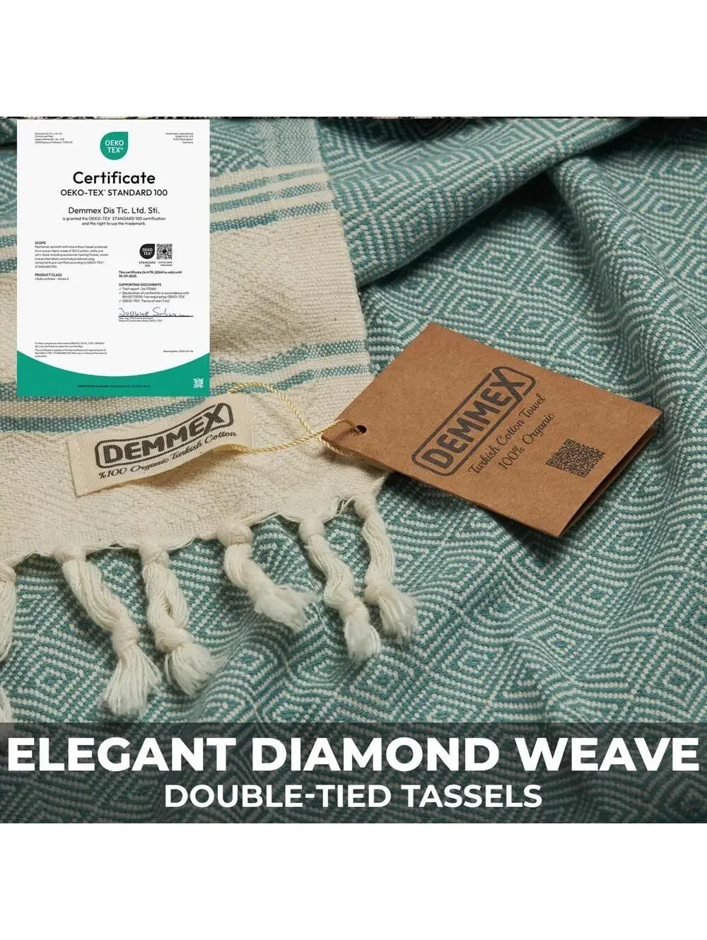 NWT DEMMEX Organic Diamond Turkish Bath & Beach Towel, 100% Oeko-Tex Cotton